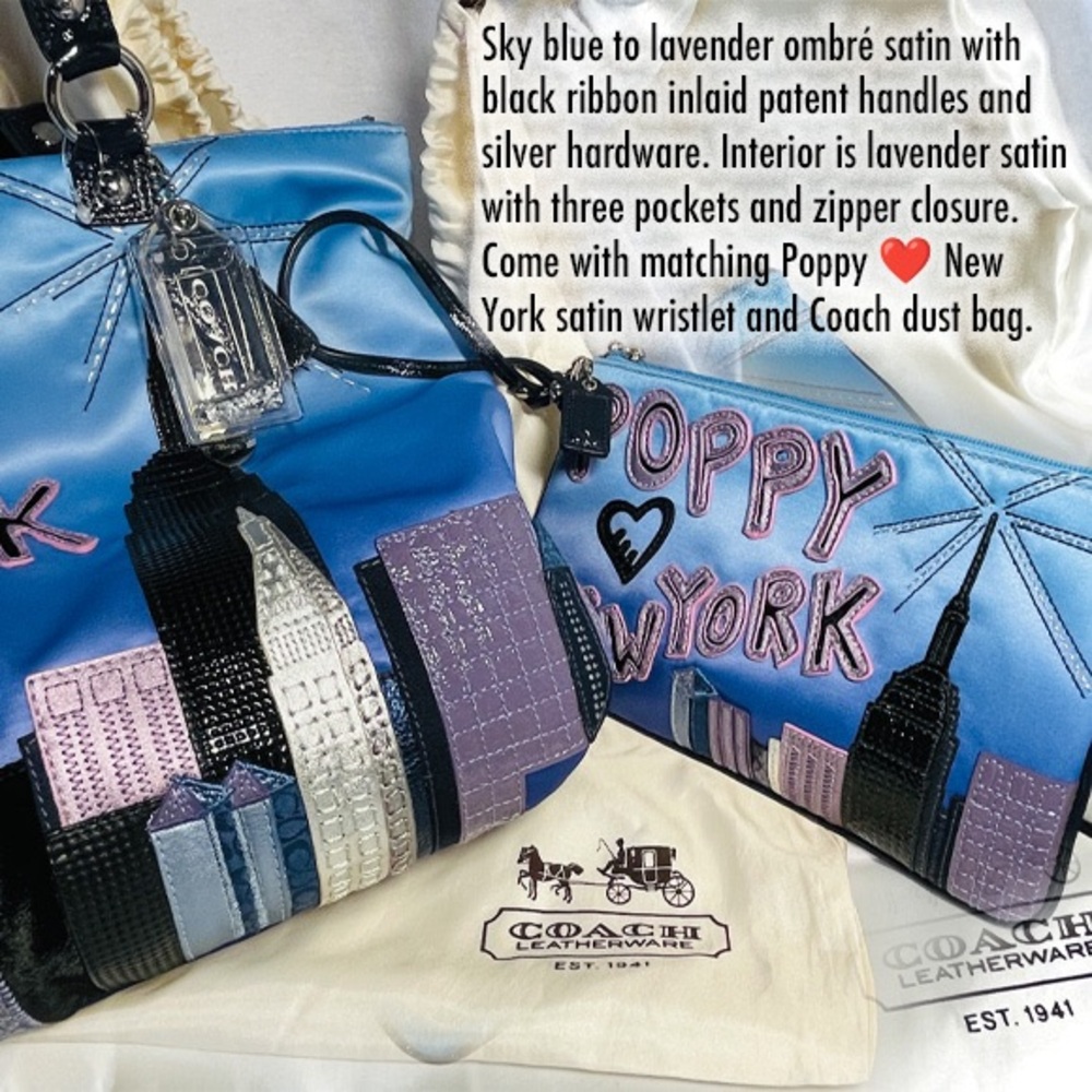 Coach Poppy New York Satin Tote Bag, Wristlet w/ Metallic Accents & Key Fob RARE